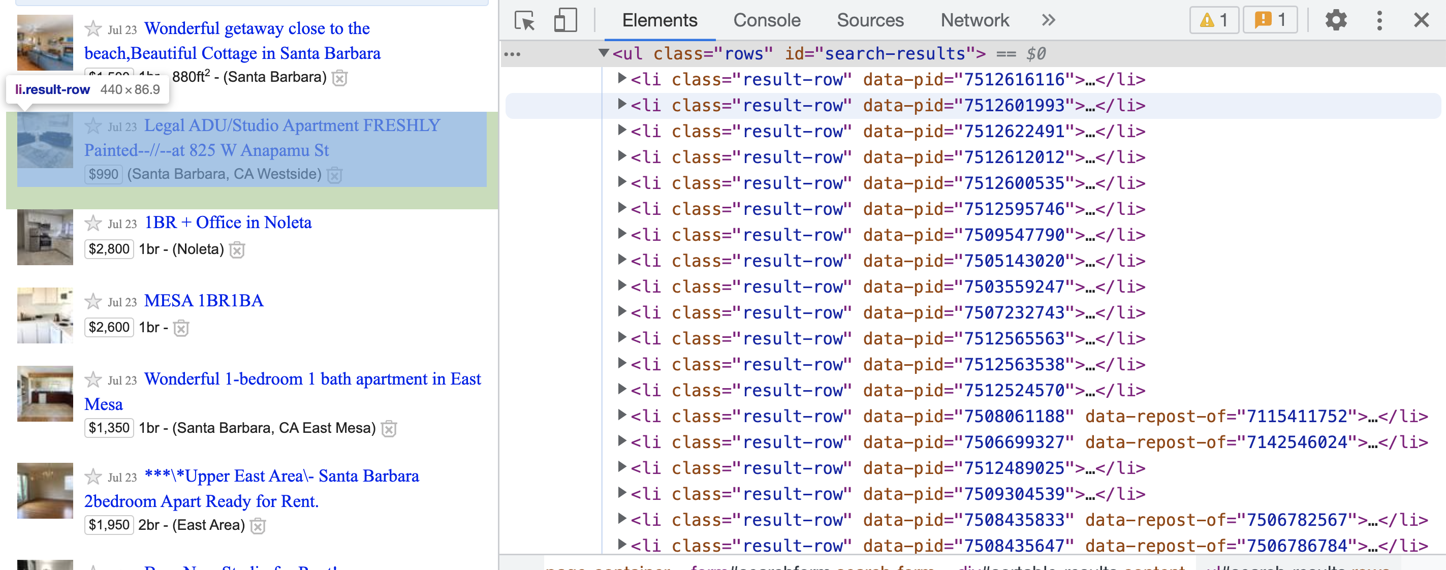 \label{pic}The raw HTML code after clicking the Inspect button on the description of a Craigslist listing.